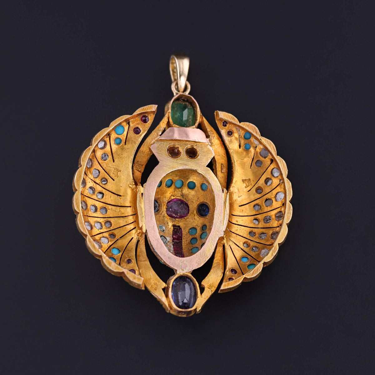 Vintage Gemstone Winged Scarab Pendant of 14k Gold