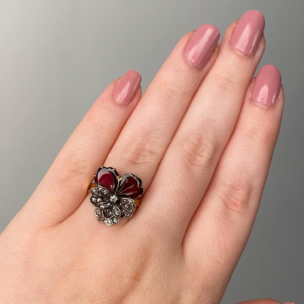 Antique Gemstone Pansy Ring of 14k and 18k Gold