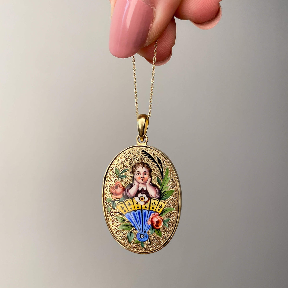 Antique Enamel Woman Pendant of 14k Gold