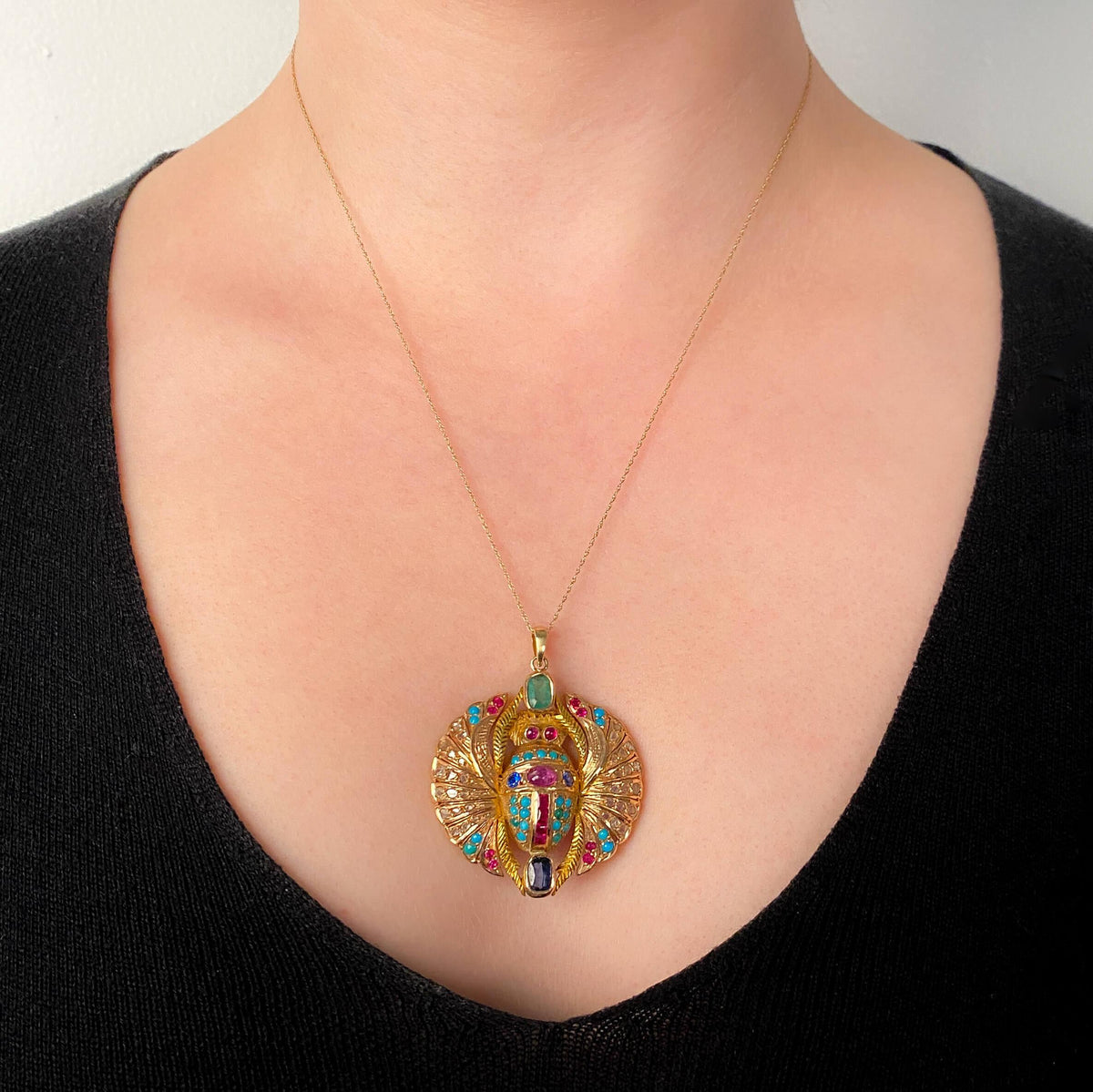 Vintage Gemstone Winged Scarab Pendant of 14k Gold
