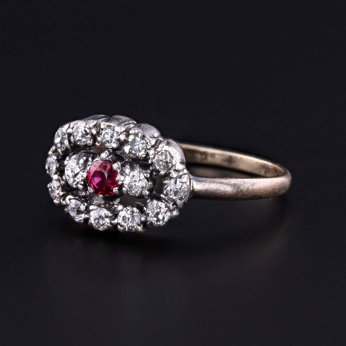 Victorian Ruby and Diamond Cluster Ring of Silver Topped 14k Gold