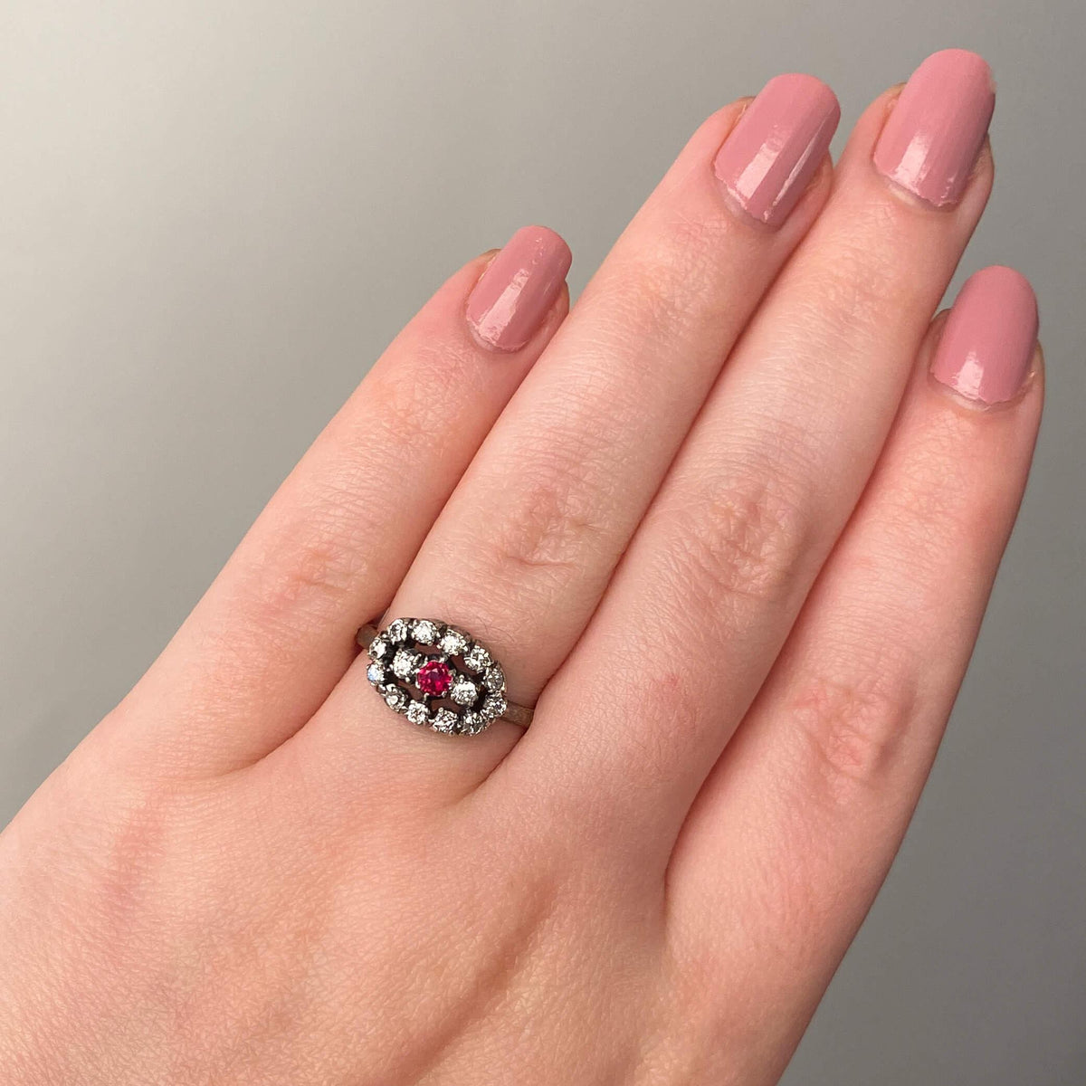 Victorian Ruby and Diamond Cluster Ring of Silver Topped 14k Gold