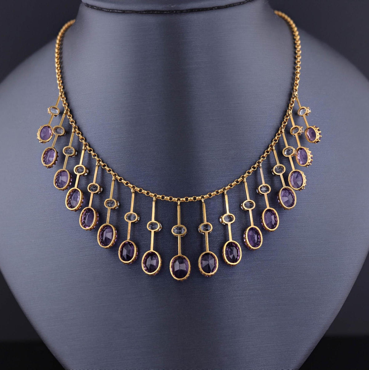 Antique Amethyst and Aquamarine Fringe Necklace of 14k Gold - Trademark Antiques