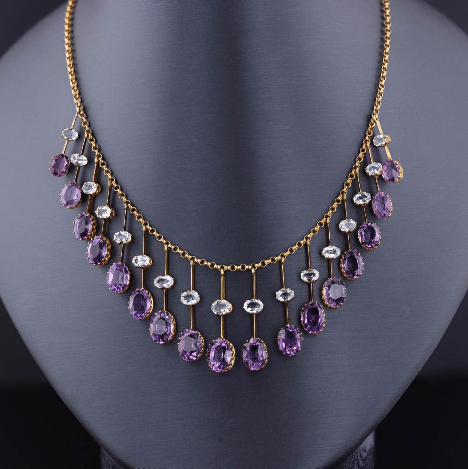 Antique Amethyst and Aquamarine Fringe Necklace of 14k Gold - Trademark Antiques