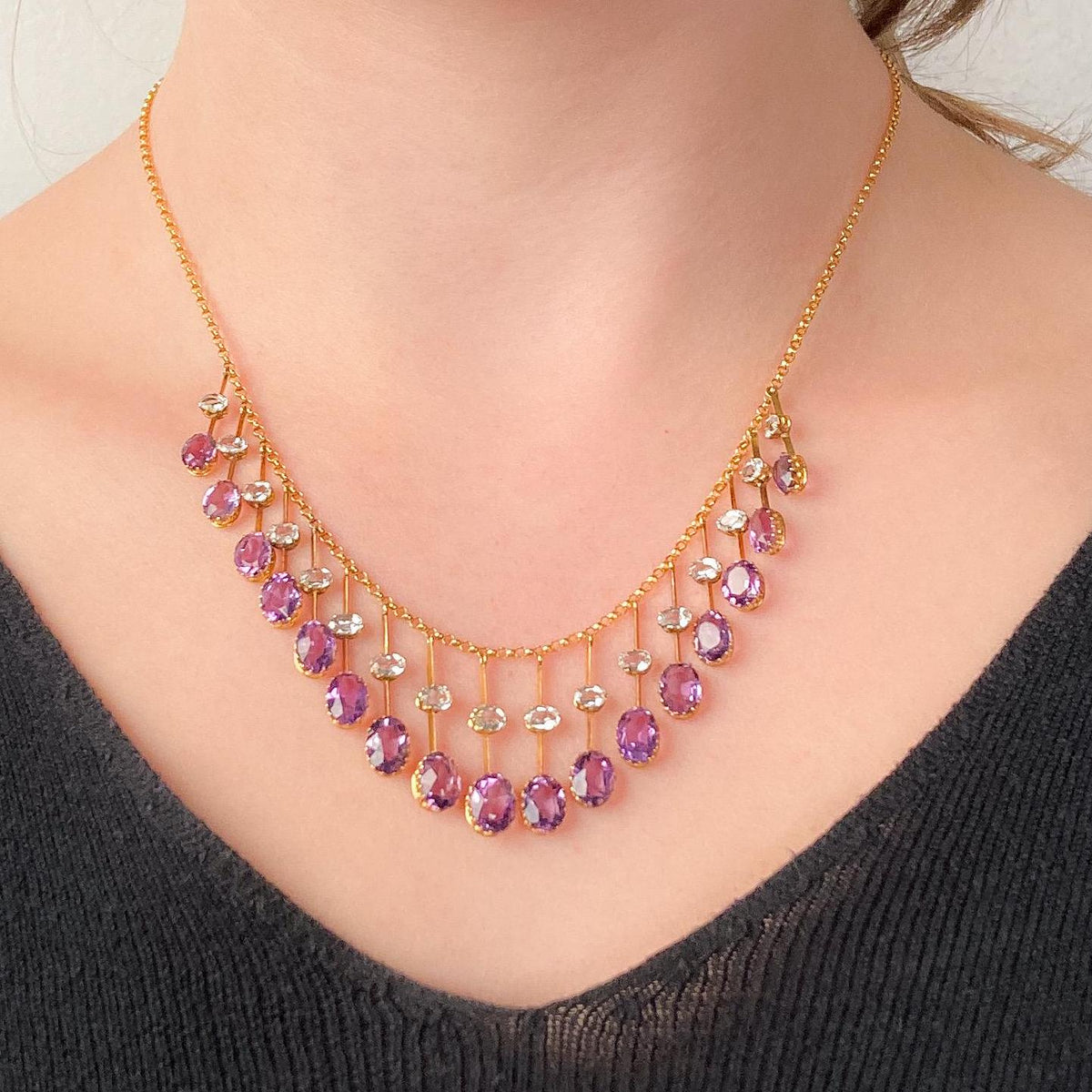 Antique Amethyst and Aquamarine Fringe Necklace of 14k Gold - Trademark Antiques
