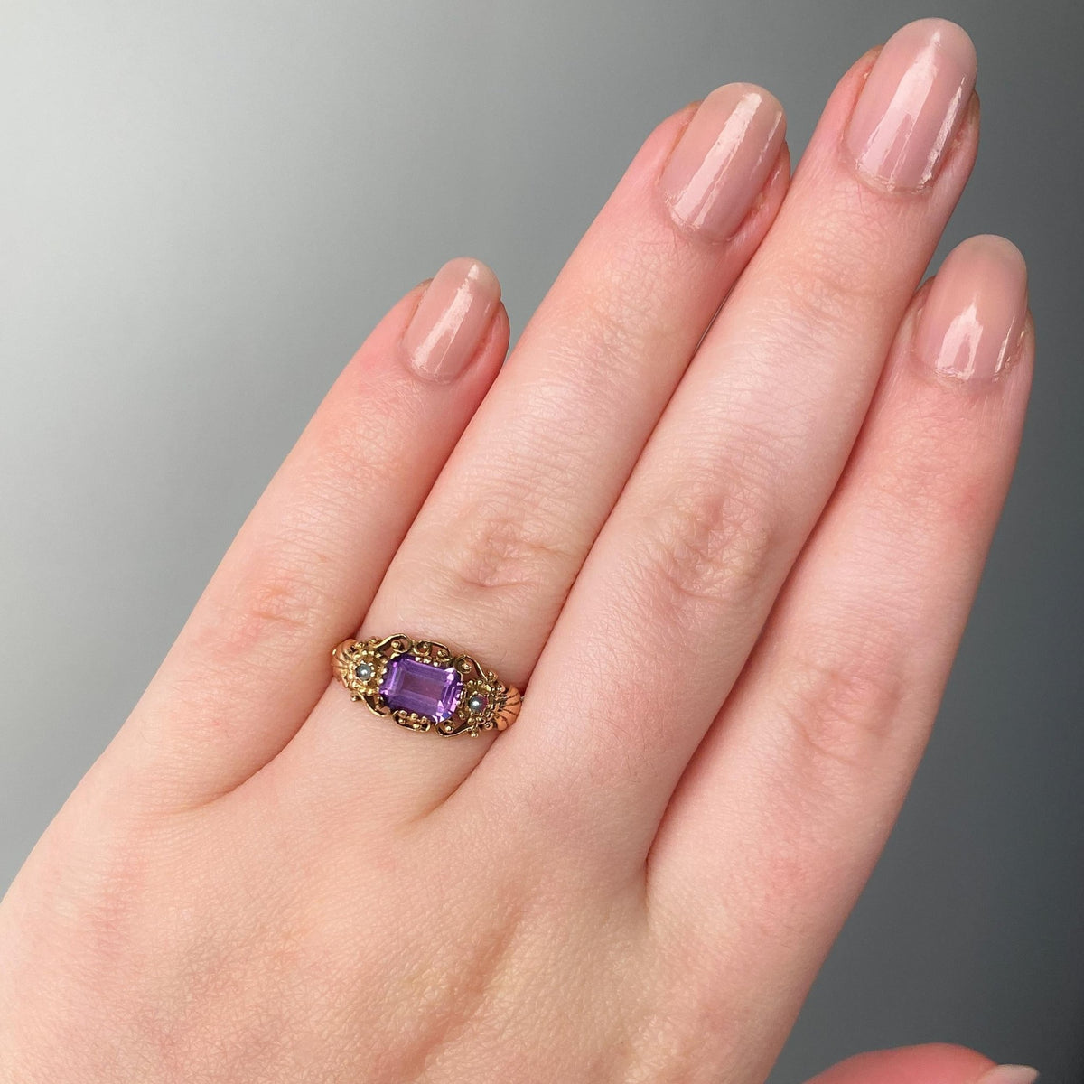 Antique Amethyst and Pearl Ring of 14k Gold - Trademark Antiques