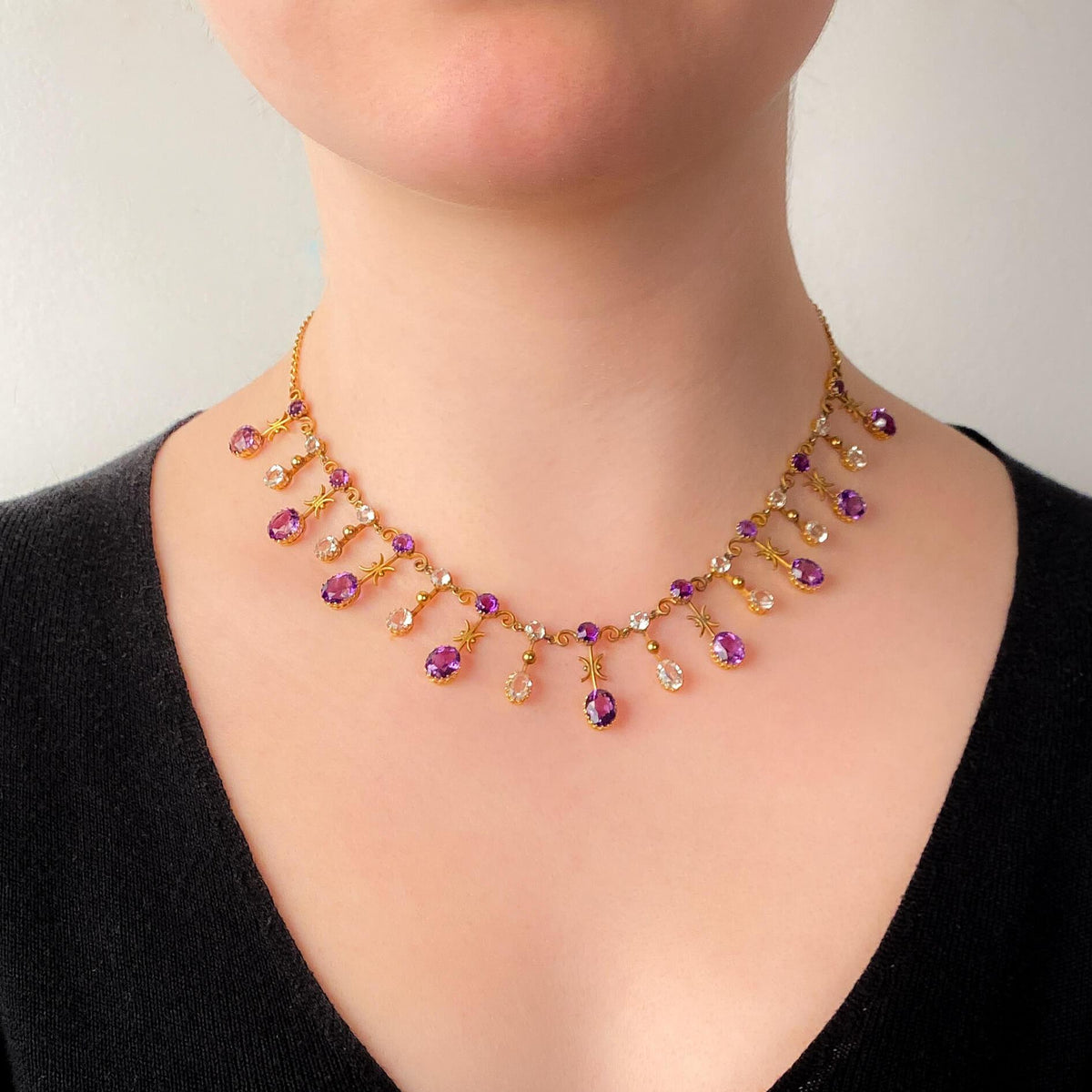 Antique Amethyst and Rock Crystal Fringe Necklace of 10k Gold - Trademark Antiques