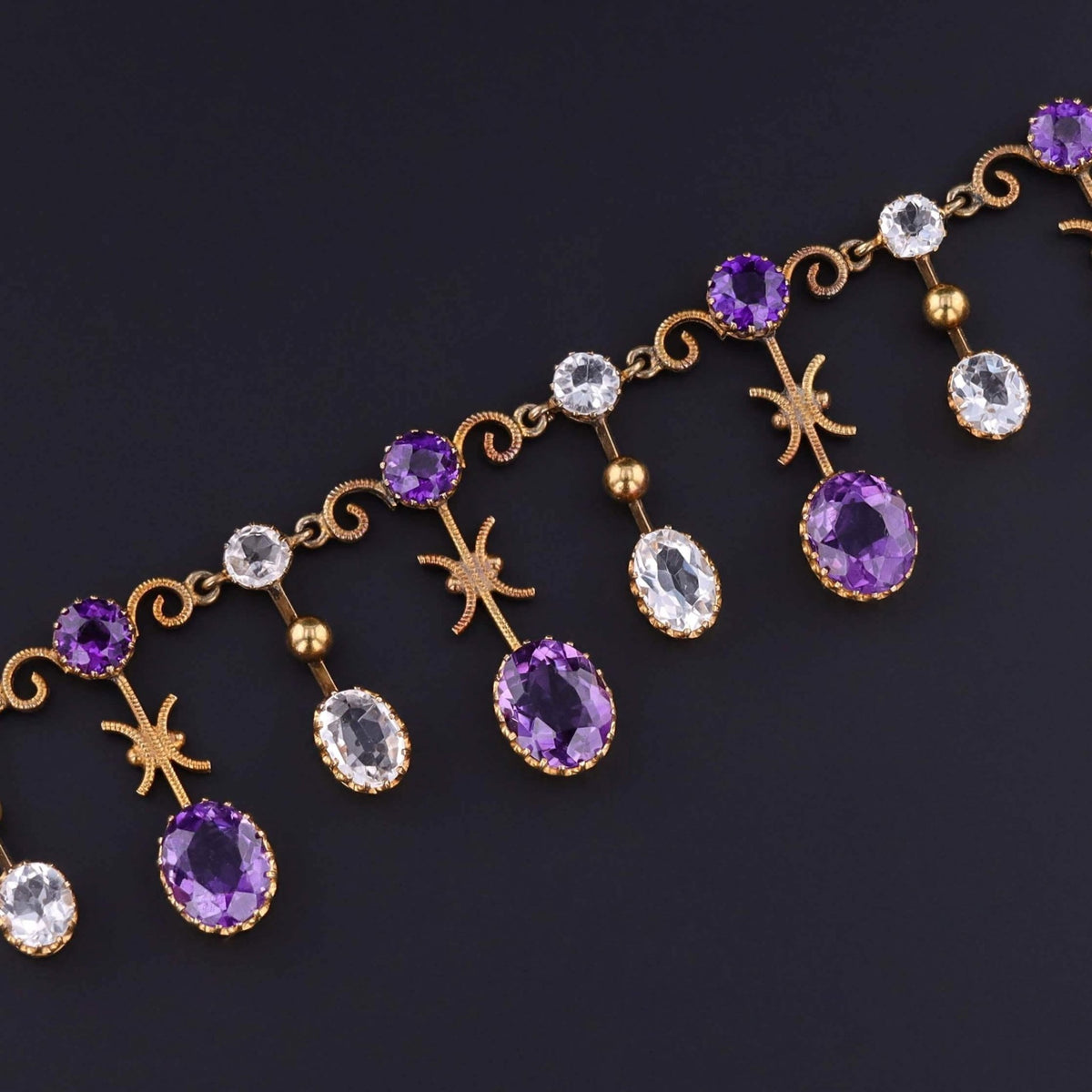 Antique Amethyst and Rock Crystal Fringe Necklace of 10k Gold - Trademark Antiques