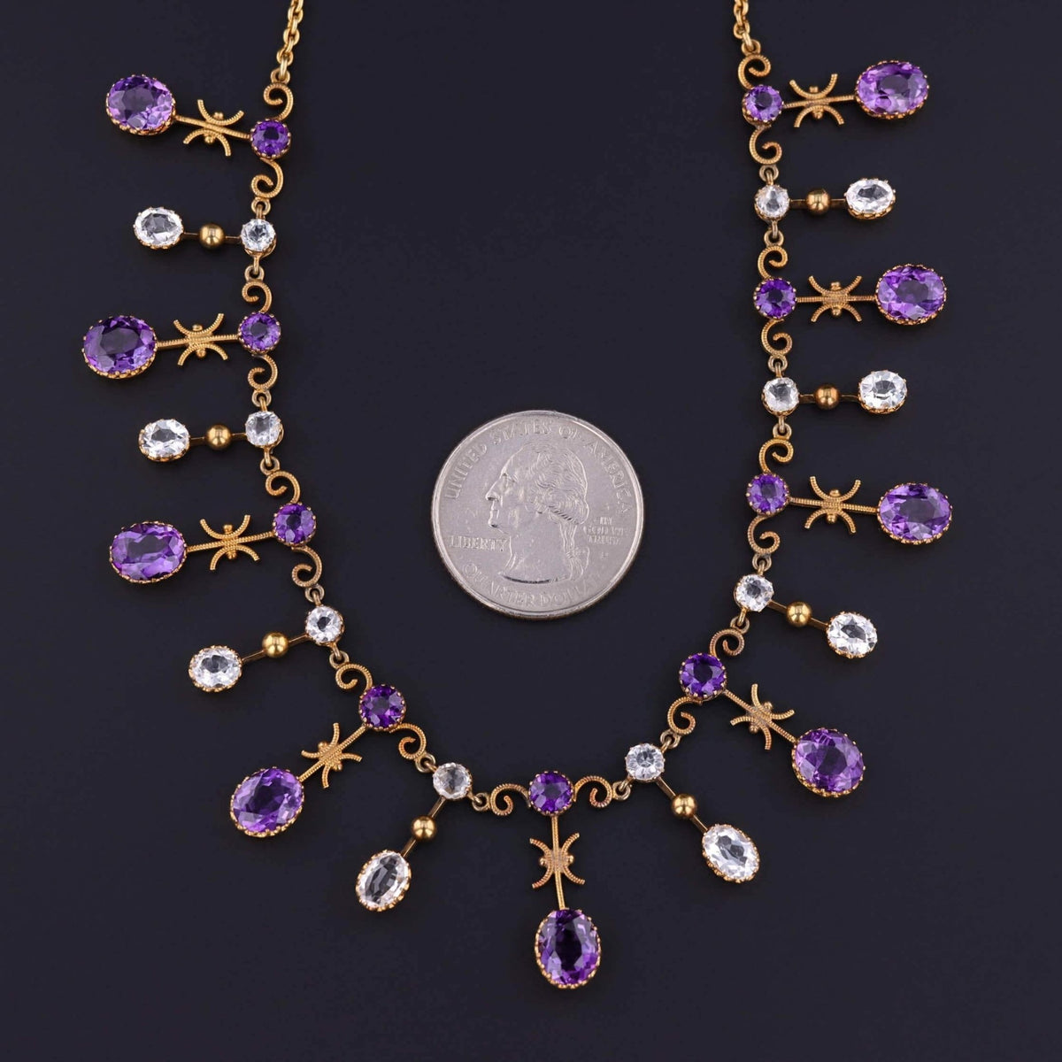 Antique Amethyst and Rock Crystal Fringe Necklace of 10k Gold - Trademark Antiques