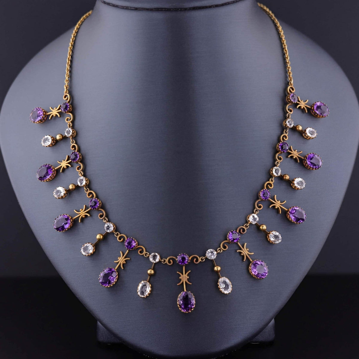 Antique Amethyst and Rock Crystal Fringe Necklace of 10k Gold - Trademark Antiques