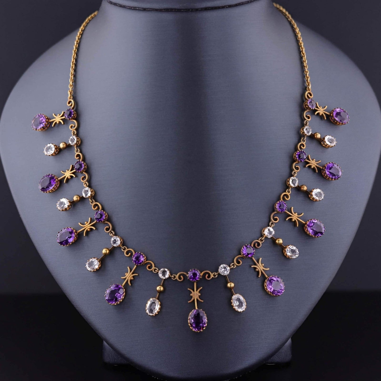 Antique Amethyst and Rock Crystal Fringe Necklace of 10k Gold - Trademark Antiques