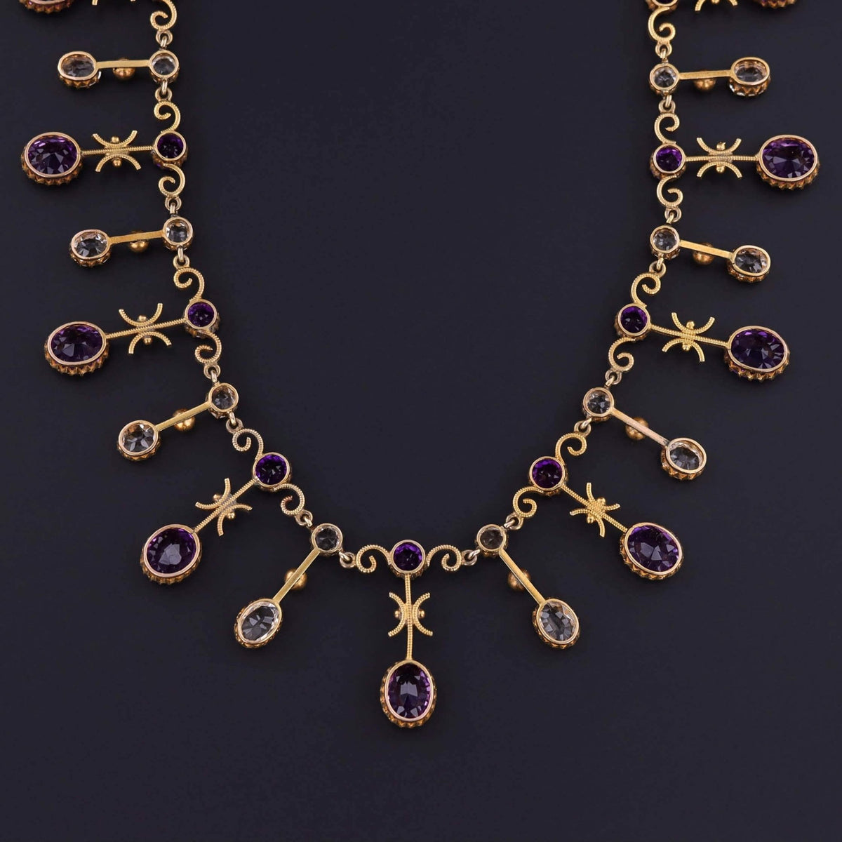 Antique Amethyst and Rock Crystal Fringe Necklace of 10k Gold - Trademark Antiques