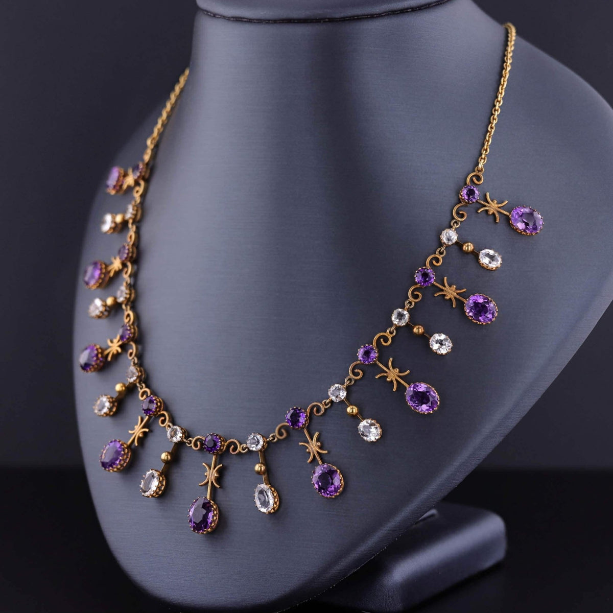 Antique Amethyst and Rock Crystal Fringe Necklace of 10k Gold - Trademark Antiques