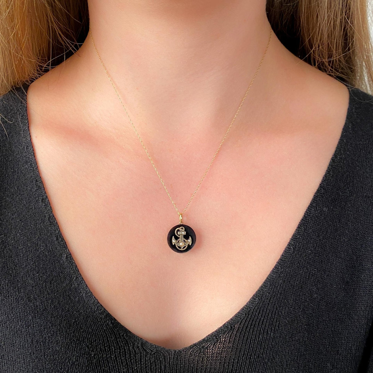 Antique Anchor Pendant of Onyx Diamond &amp; Pearl - Trademark Antiques