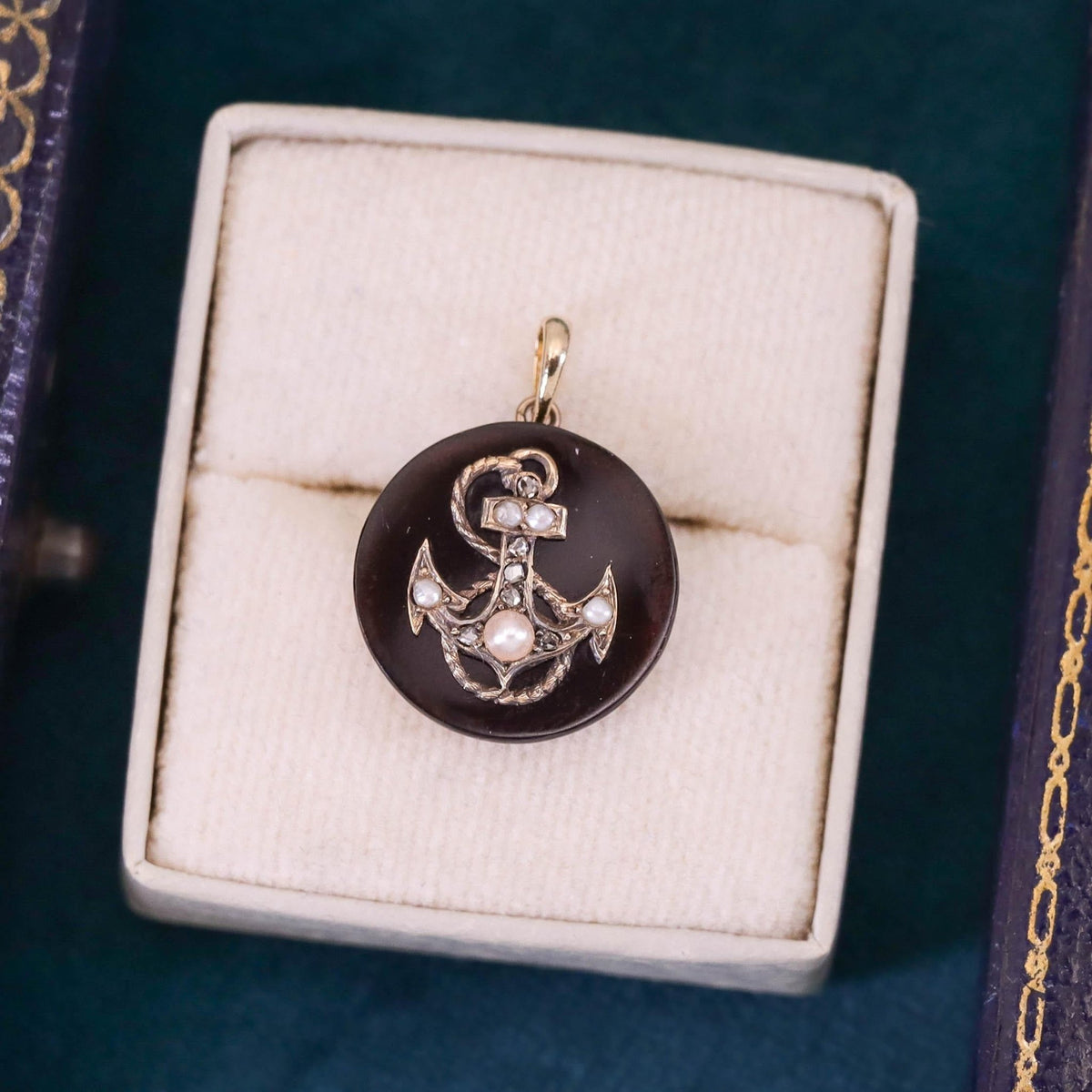 Antique Anchor Pendant of Onyx Diamond &amp; Pearl - Trademark Antiques