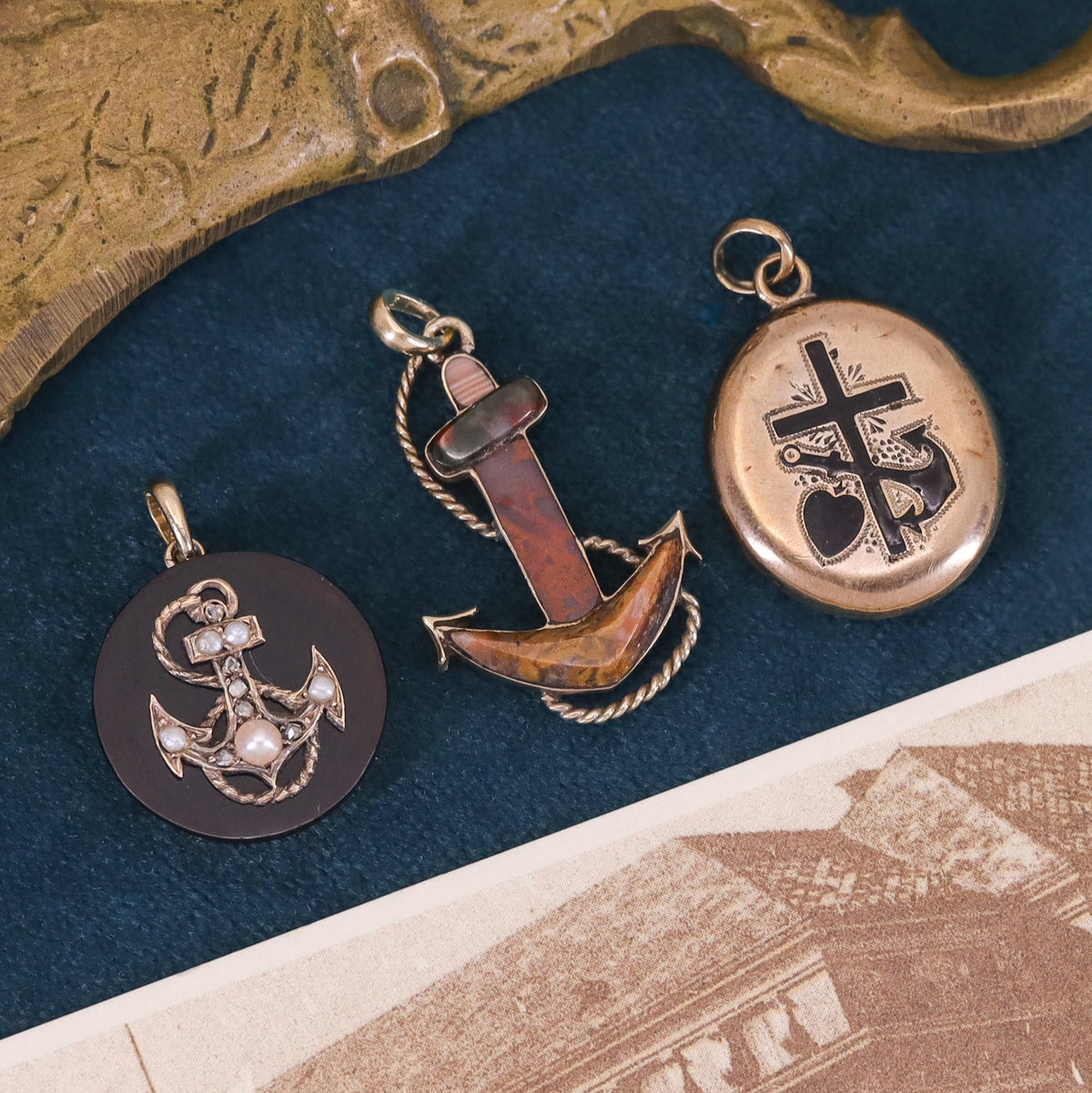 Antique Anchor Pendant of Onyx Diamond &amp; Pearl - Trademark Antiques