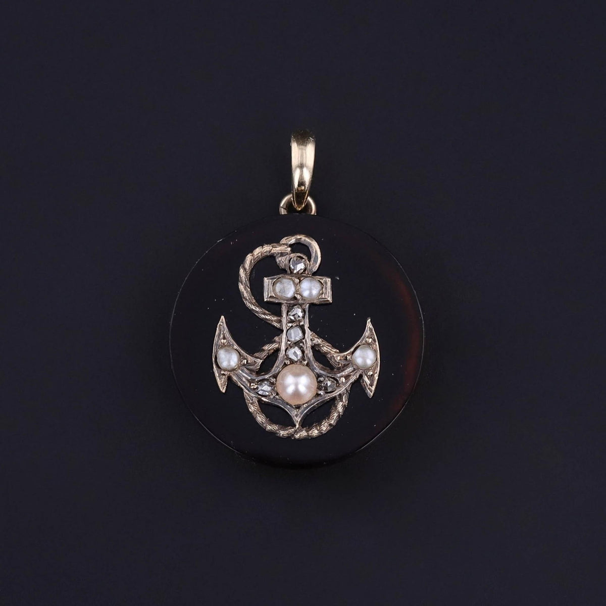 Antique Anchor Pendant of Onyx Diamond &amp; Pearl - Trademark Antiques