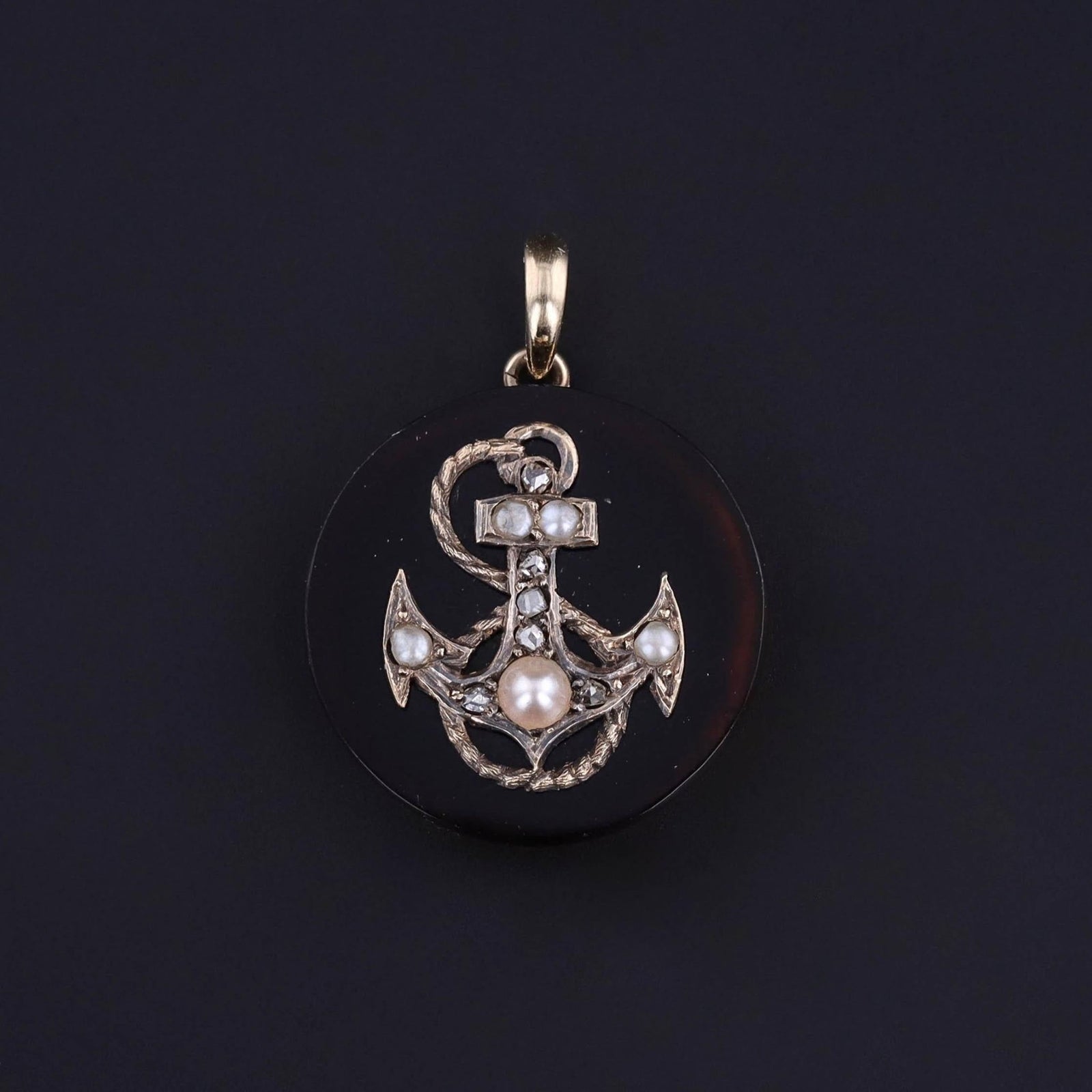 Antique Anchor Pendant of Onyx Diamond & Pearl - Trademark Antiques