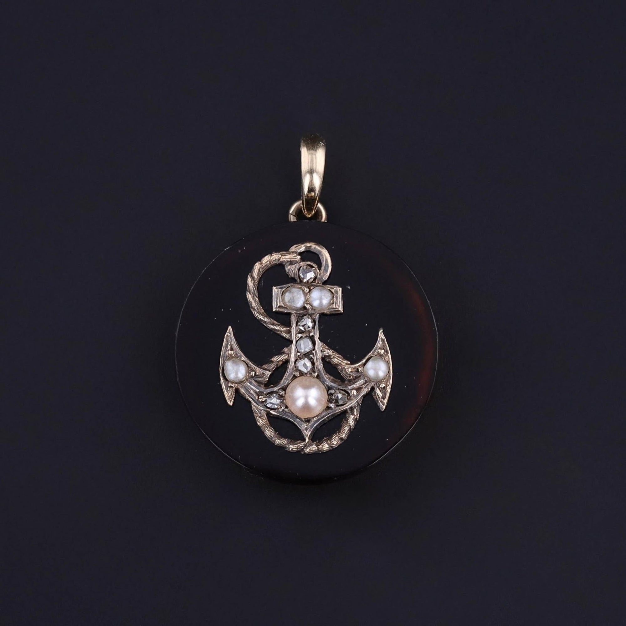 Antique Anchor Pendant of Onyx Diamond & Pearl - Trademark Antiques