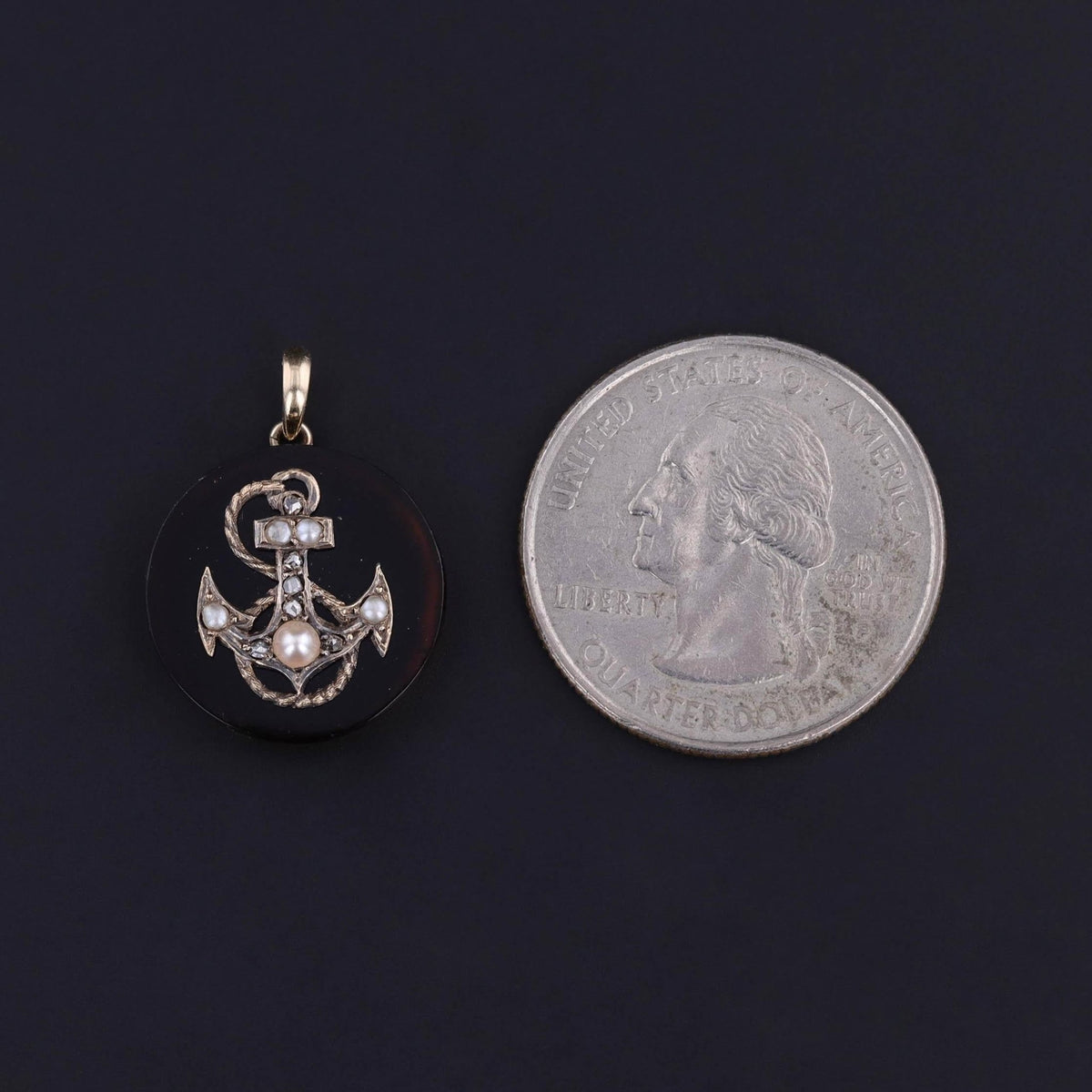 Antique Anchor Pendant of Onyx Diamond &amp; Pearl - Trademark Antiques