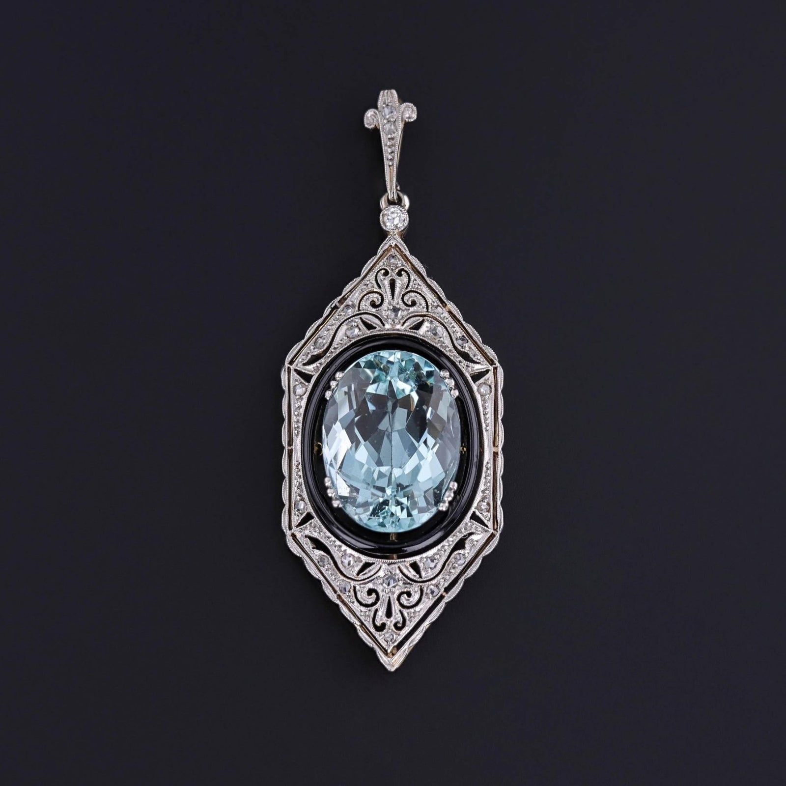 Antique Aquamarine and Diamond Pendant of Platinum and 14k Gold - Trademark Antiques