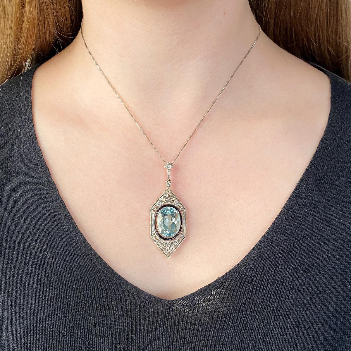 Antique Aquamarine and Diamond Pendant of Platinum and 14k Gold - Trademark Antiques