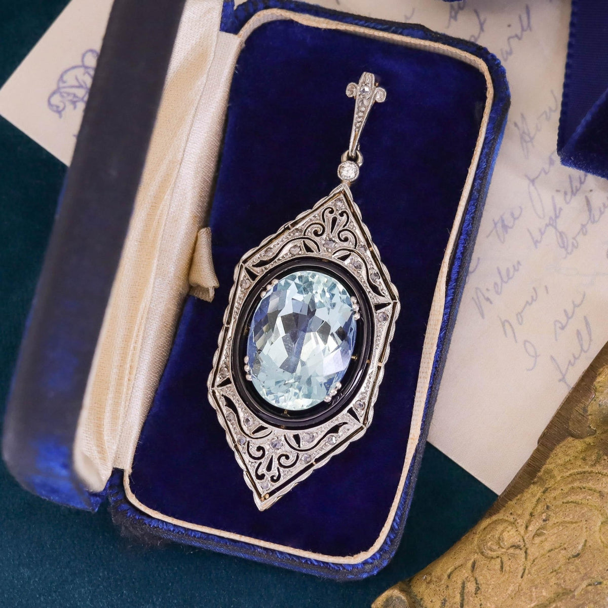 Antique Aquamarine and Diamond Pendant of Platinum and 14k Gold - Trademark Antiques