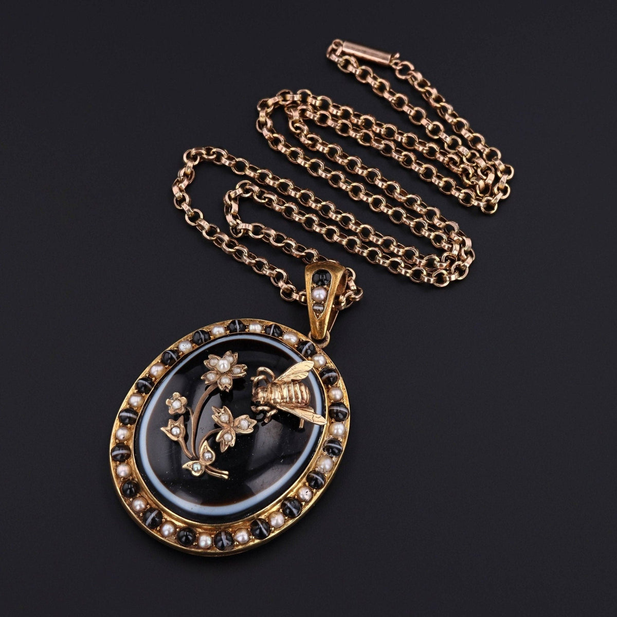 Antique Banded Agate and Pearl Bee Pendant of 15ct Gold - Trademark Antiques