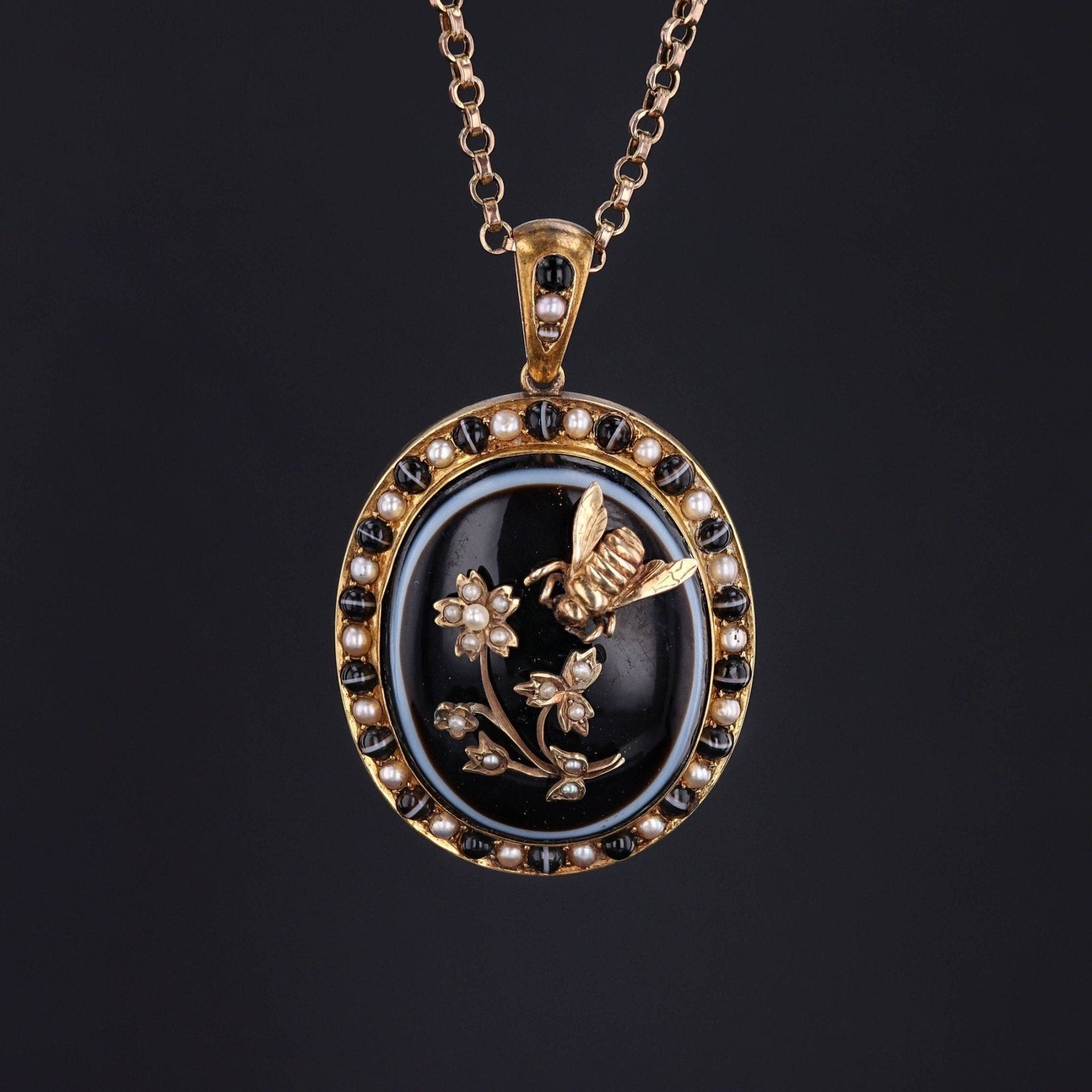 Antique Banded Agate and Pearl Bee Pendant of 15ct Gold - Trademark Antiques