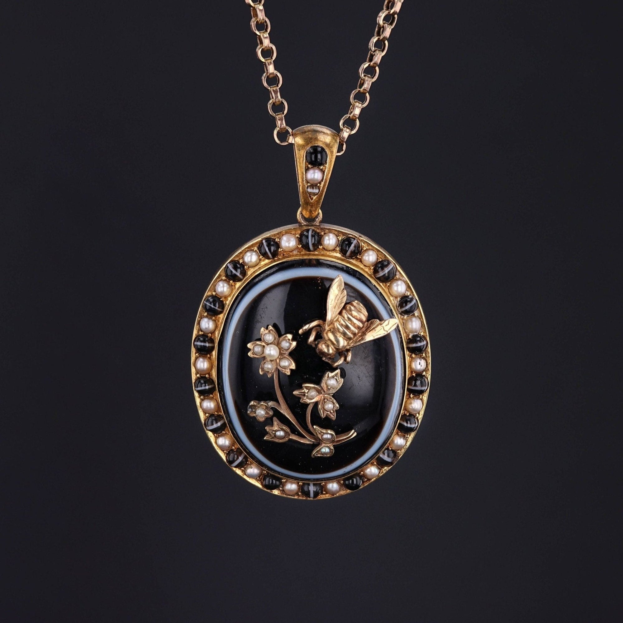 Antique Banded Agate and Pearl Bee Pendant of 15ct Gold - Trademark Antiques