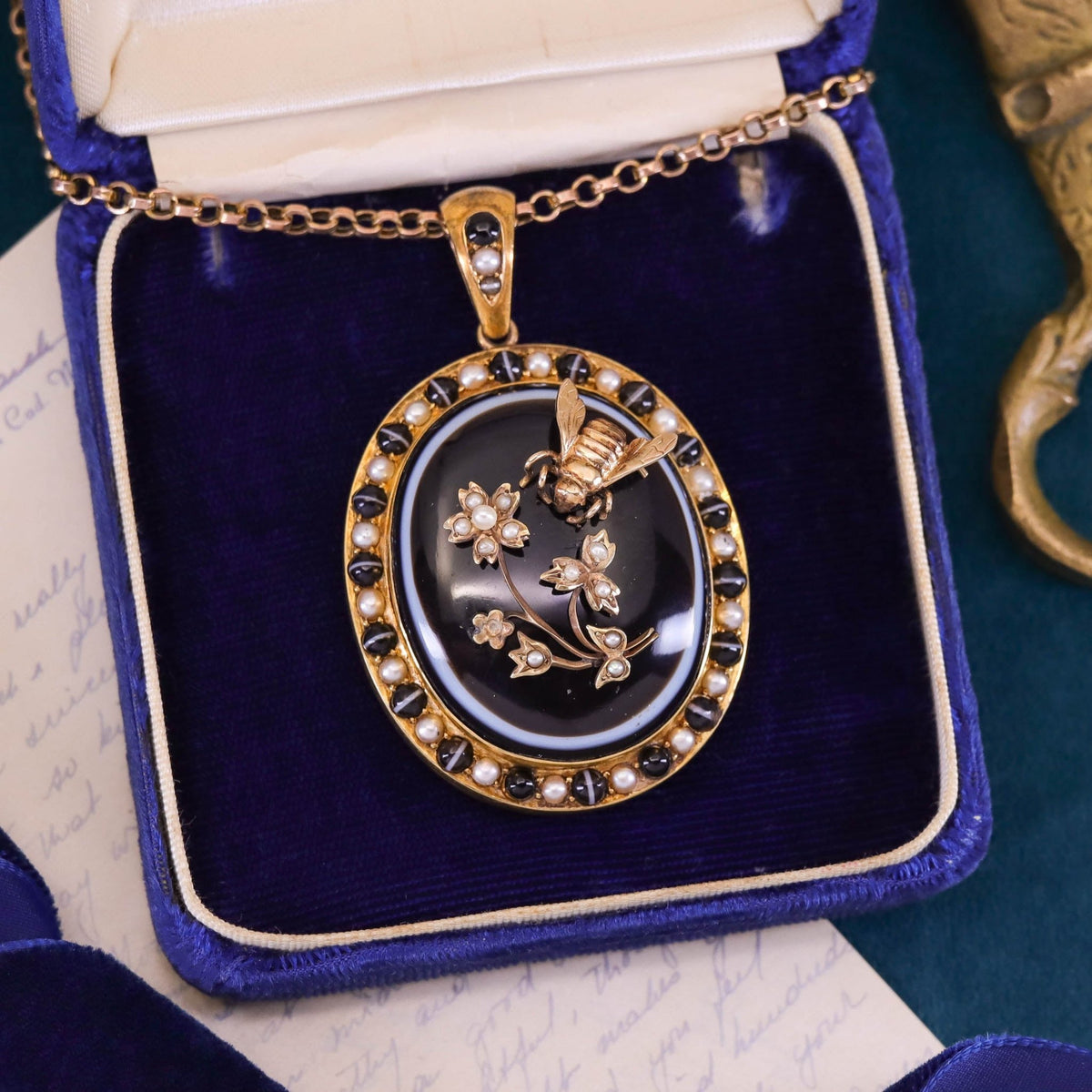 Antique Banded Agate and Pearl Bee Pendant of 15ct Gold - Trademark Antiques