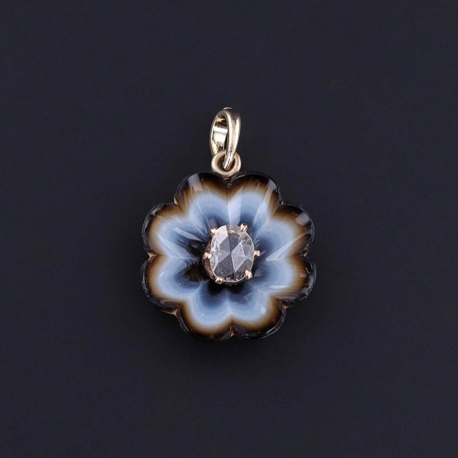 Antique Banded Agate Flower Pendant of 12ct Gold - Trademark Antiques
