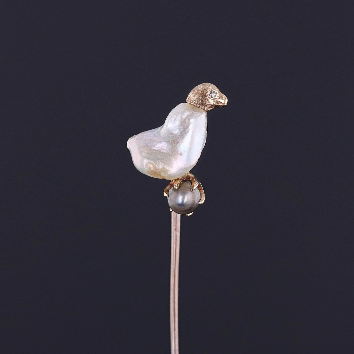 Antique Baroque Pearl Chick Stickpin of 10k Gold - Trademark Antiques