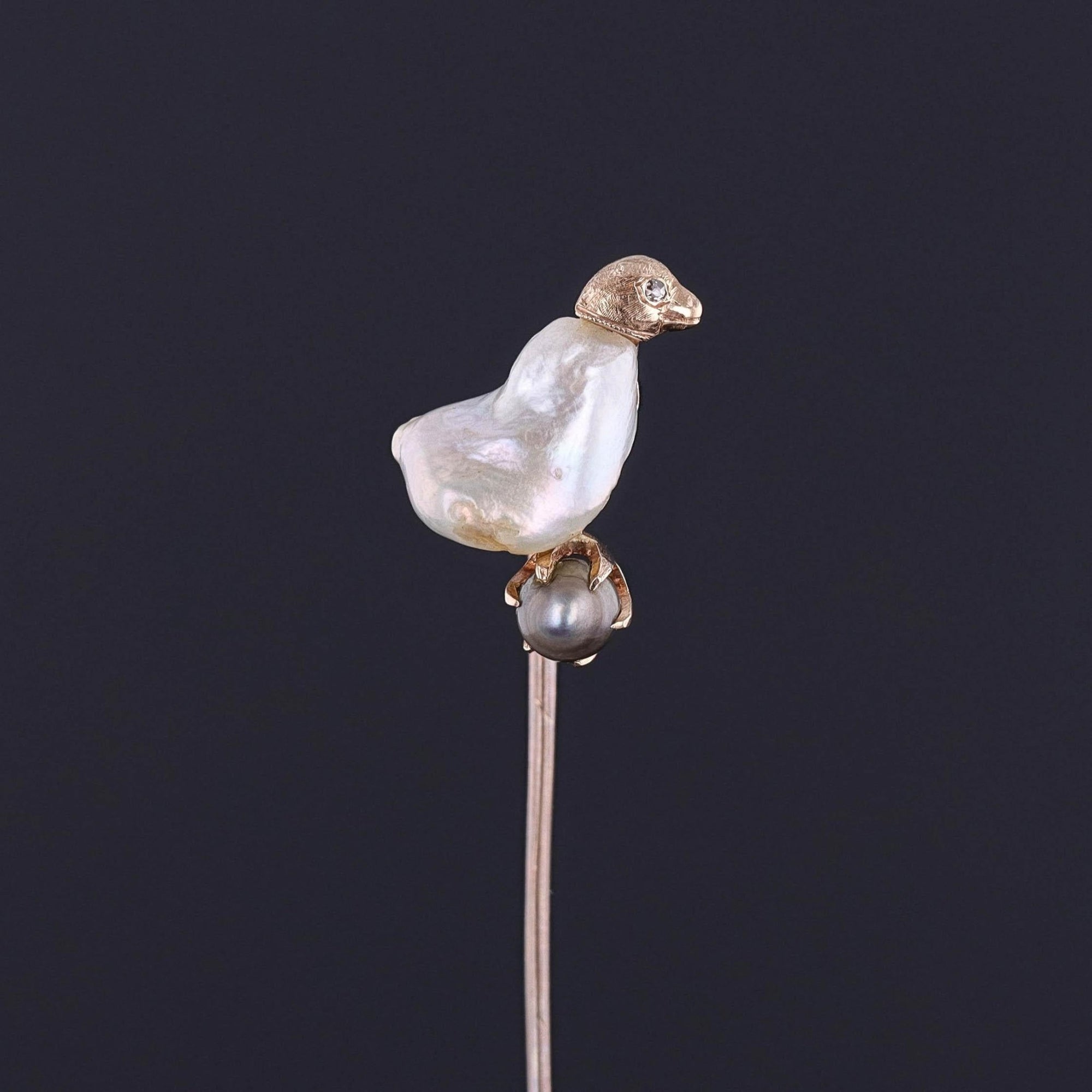 Antique Baroque Pearl Chick Stickpin of 10k Gold - Trademark Antiques