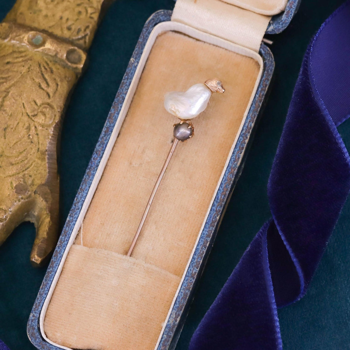 Antique Baroque Pearl Chick Stickpin of 10k Gold - Trademark Antiques