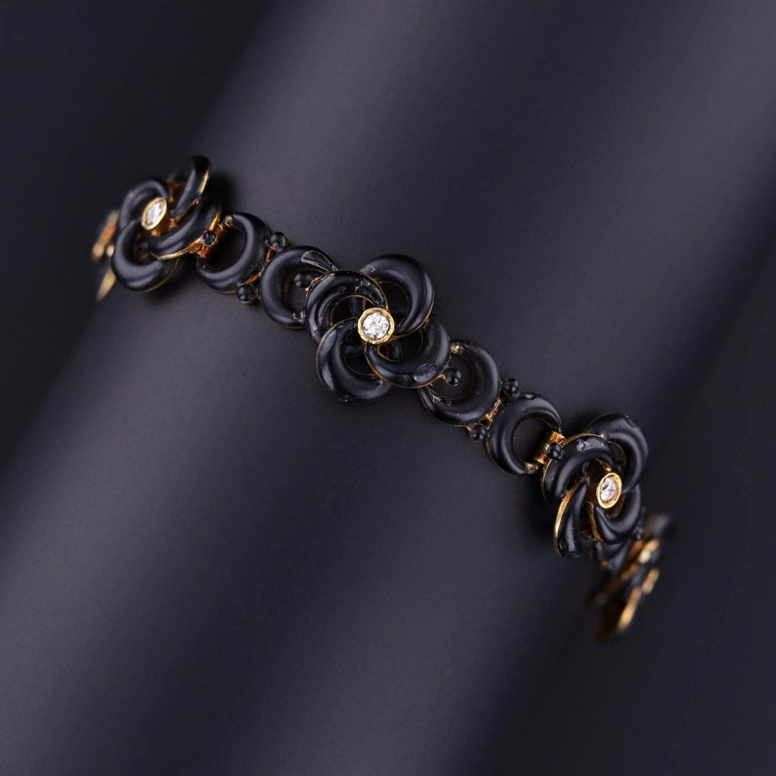Antique Black Enamel and Diamond Love Knot Bracelet of 14k Gold - Trademark Antiques