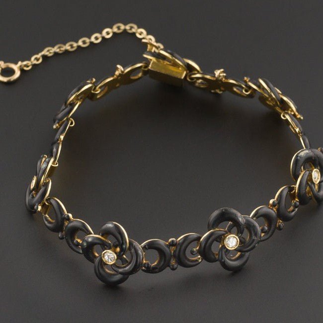 Antique Black Enamel and Diamond Love Knot Bracelet of 14k Gold - Trademark Antiques