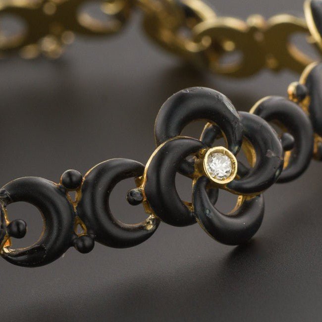 Antique Black Enamel and Diamond Love Knot Bracelet of 14k Gold - Trademark Antiques