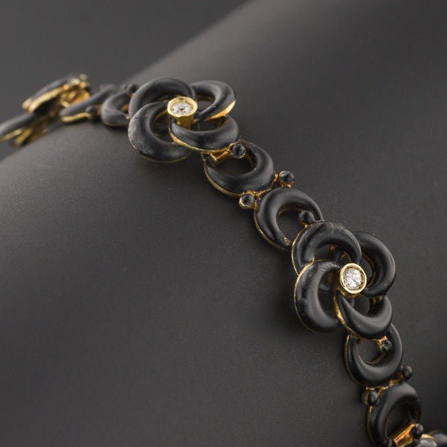 Antique Black Enamel and Diamond Love Knot Bracelet of 14k Gold - Trademark Antiques