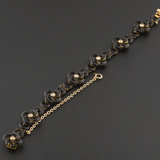 Antique Black Enamel and Diamond Love Knot Bracelet of 14k Gold - Trademark Antiques