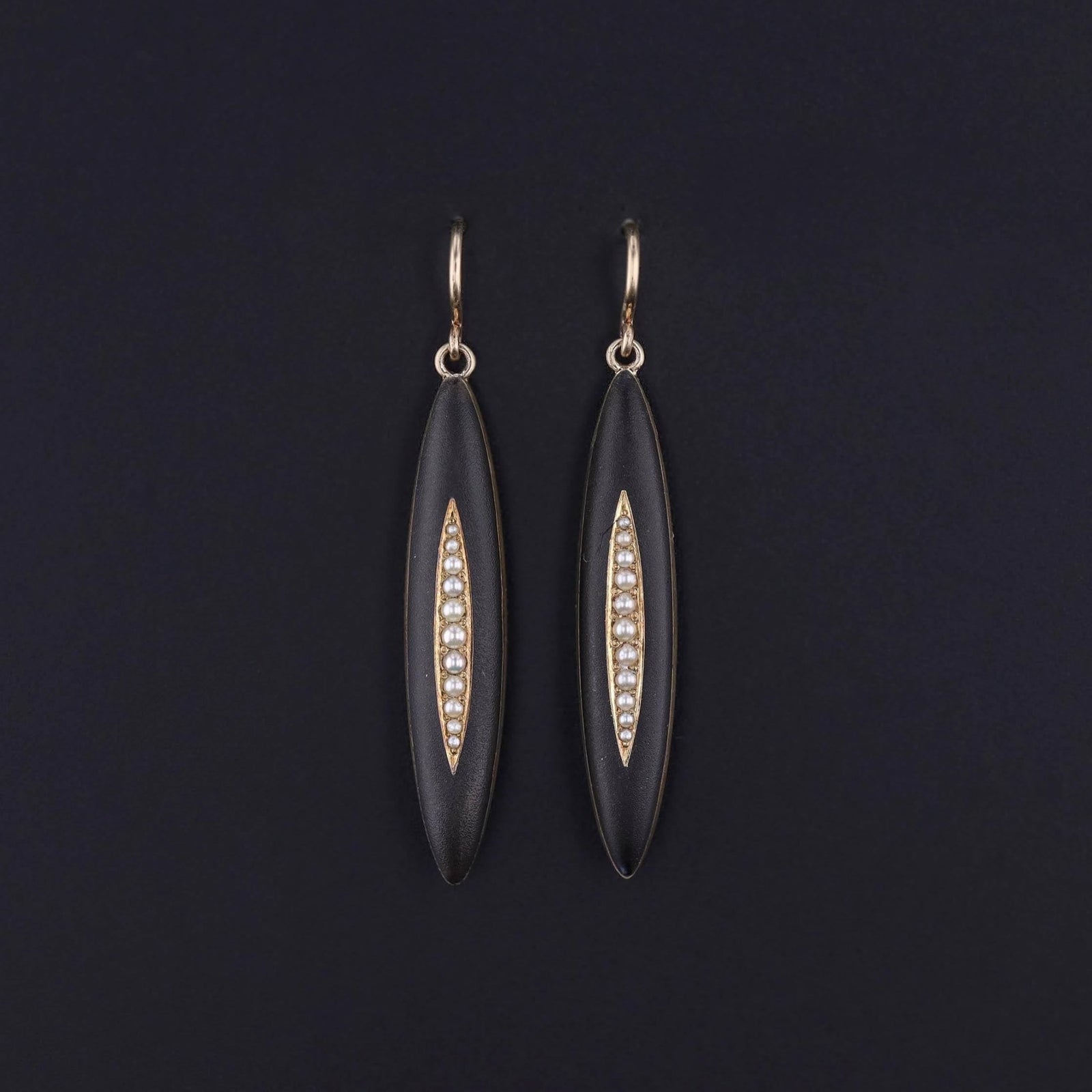 Antique Black Enamel and Pearl Earrings of 14k Gold - Trademark Antiques