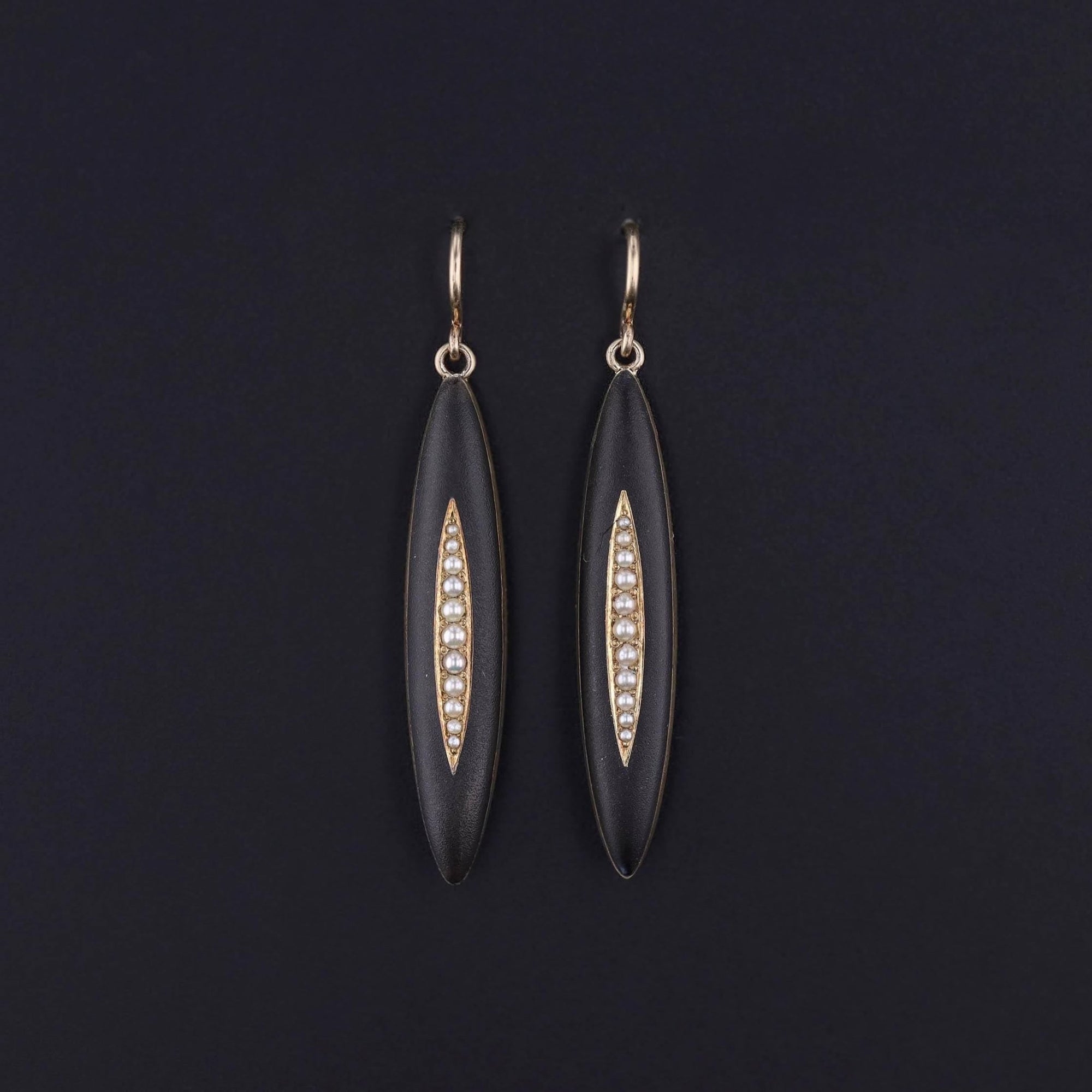 Antique Black Enamel and Pearl Earrings of 14k Gold - Trademark Antiques