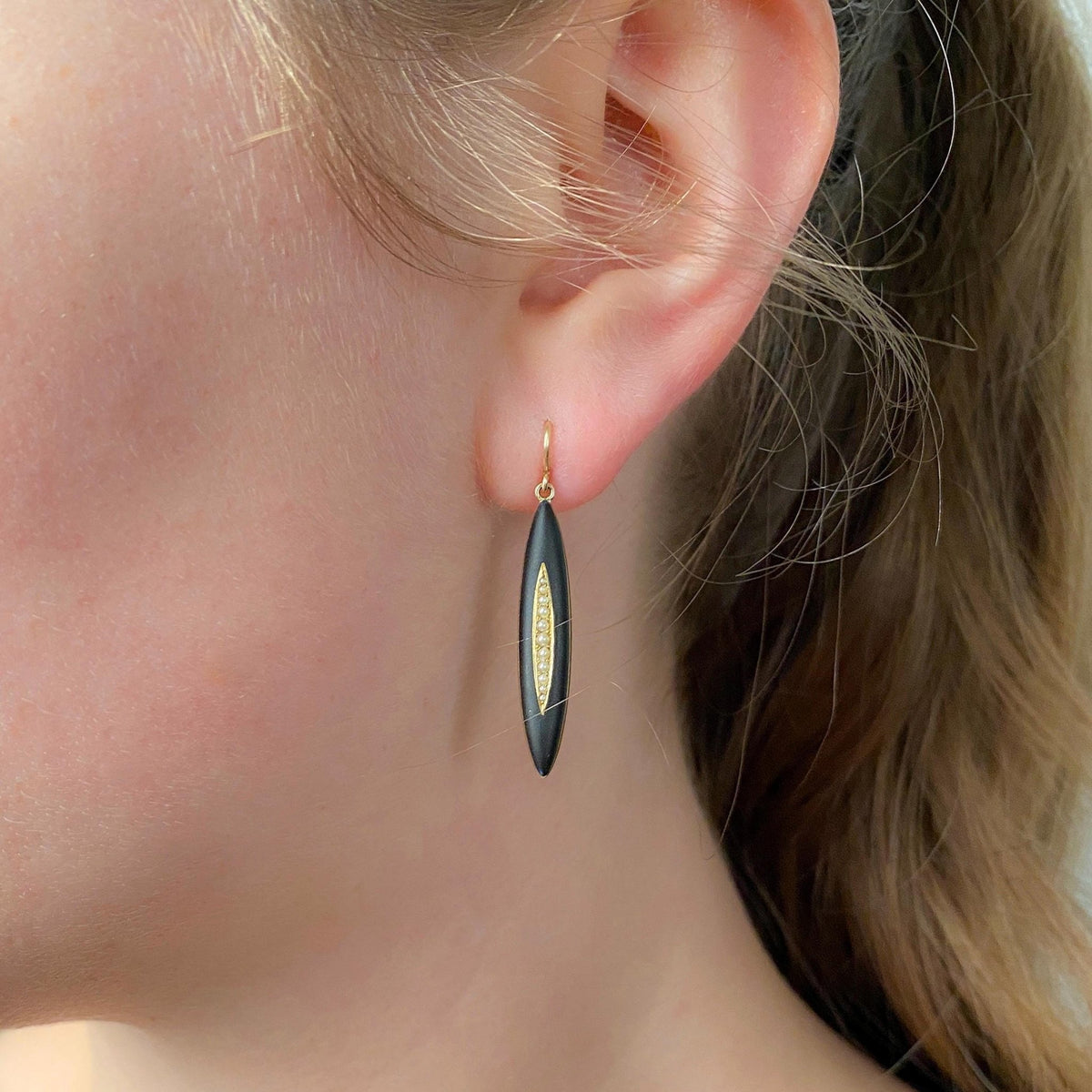 Antique Black Enamel and Pearl Earrings of 14k Gold - Trademark Antiques