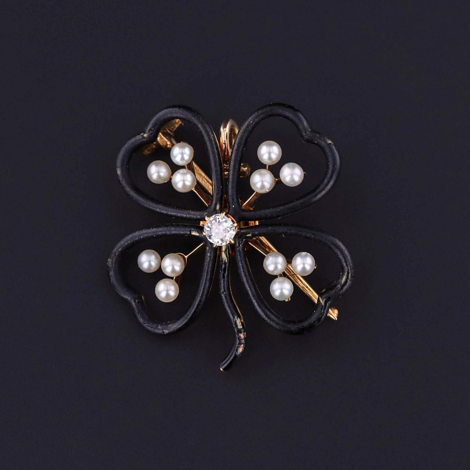 Antique Black Enamel Clover Pendant or Brooch of 14k Gold - Trademark Antiques