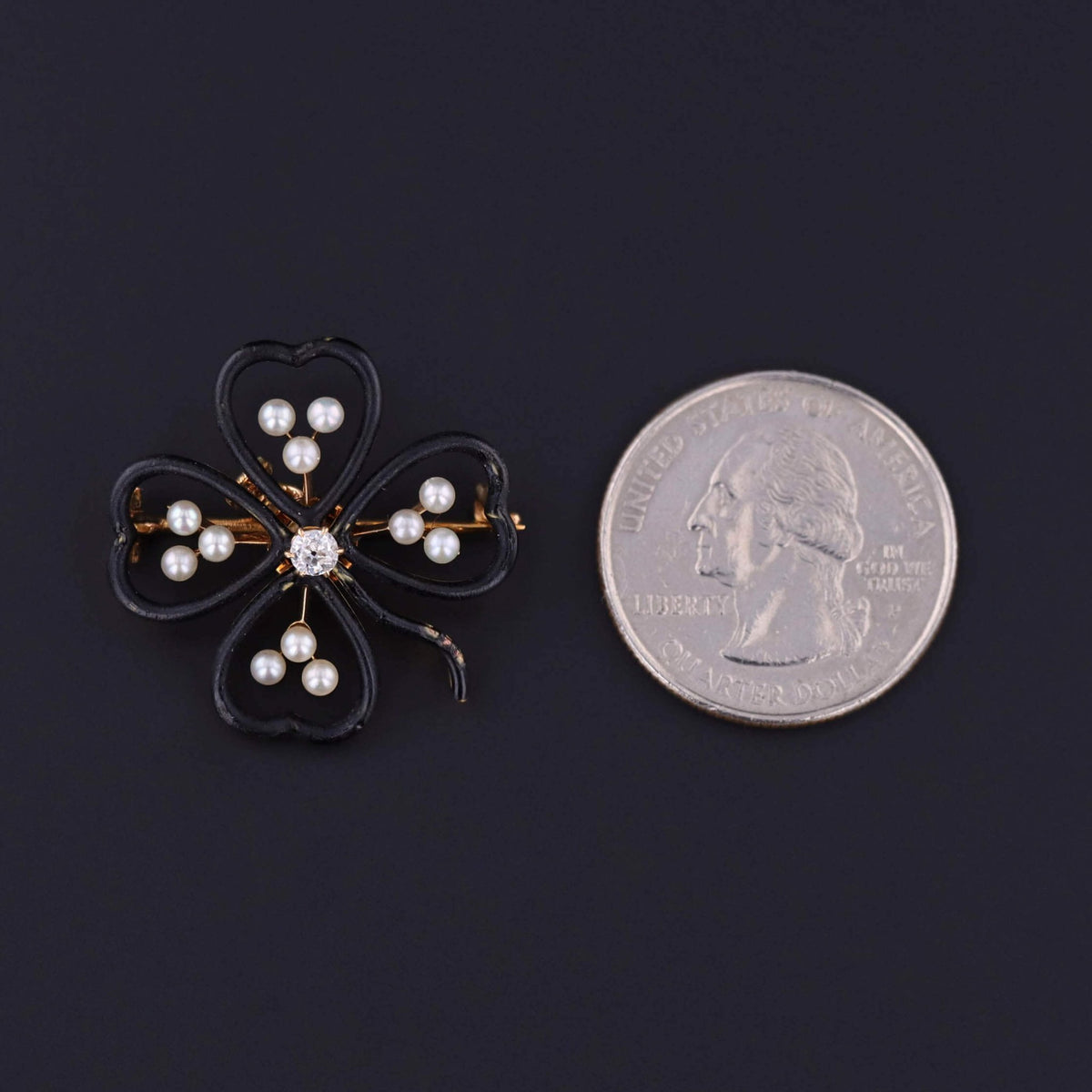 Antique Black Enamel Clover Pendant or Brooch of 14k Gold - Trademark Antiques