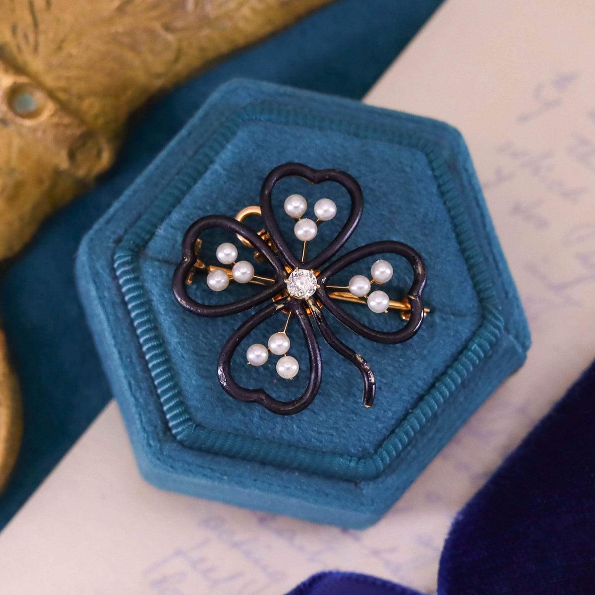 Antique Black Enamel Clover Pendant or Brooch of 14k Gold - Trademark Antiques