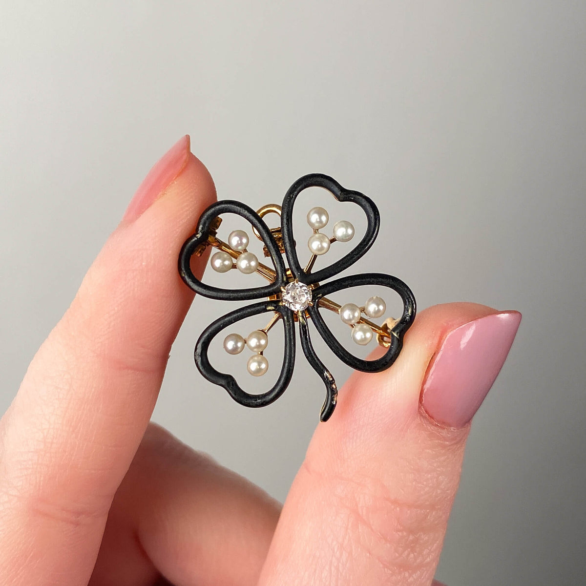 Antique Black Enamel Clover Pendant or Brooch of 14k Gold - Trademark Antiques