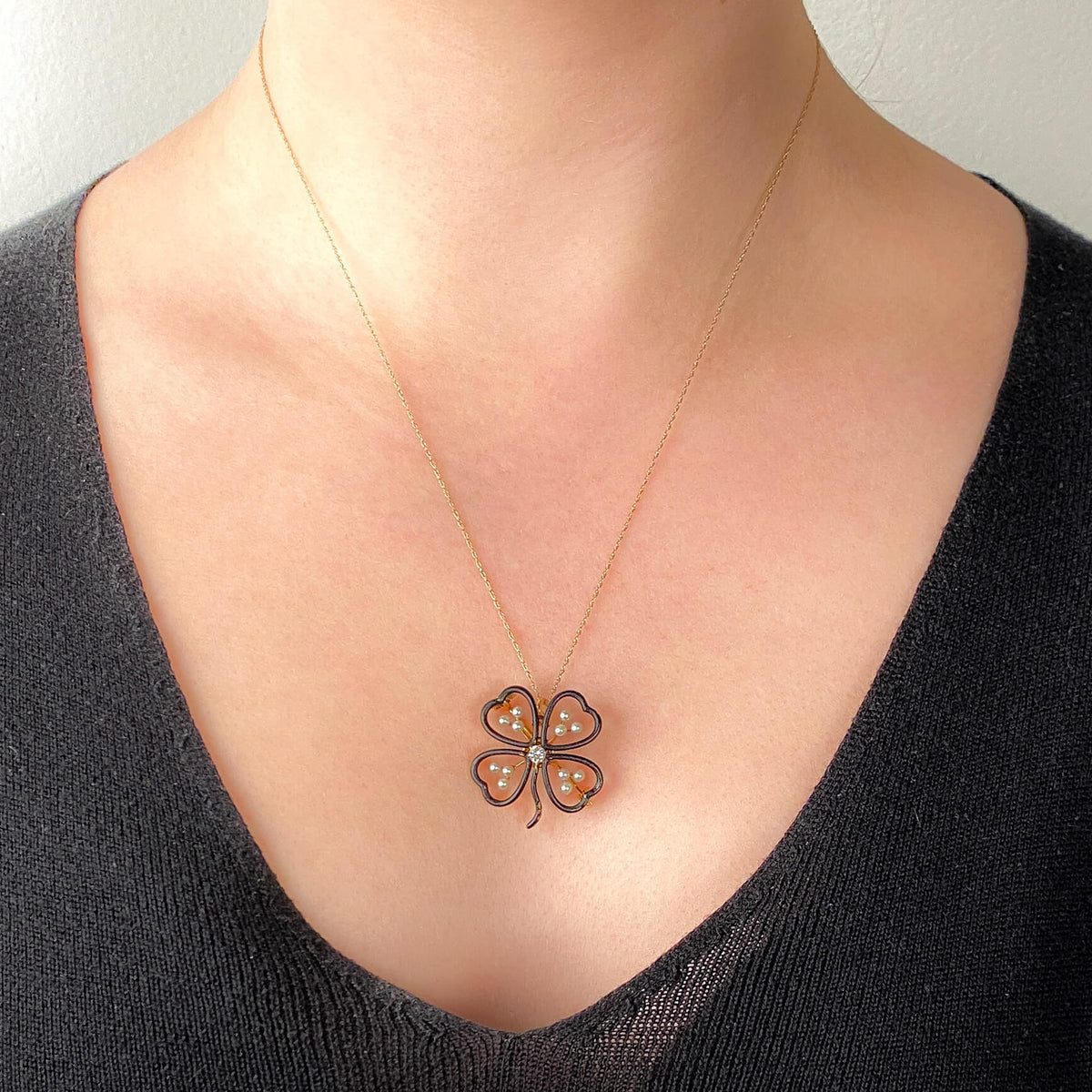 Antique Black Enamel Clover Pendant or Brooch of 14k Gold - Trademark Antiques