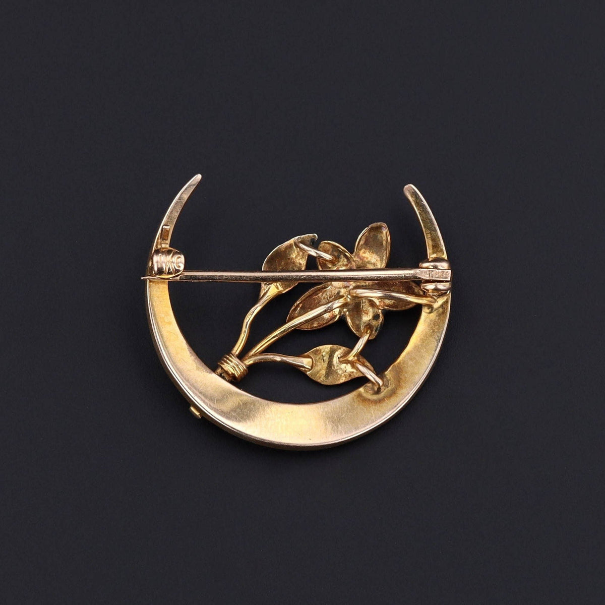 Antique Black Enamel Crescent Moon and Flower Brooch of 10k Gold - Trademark Antiques
