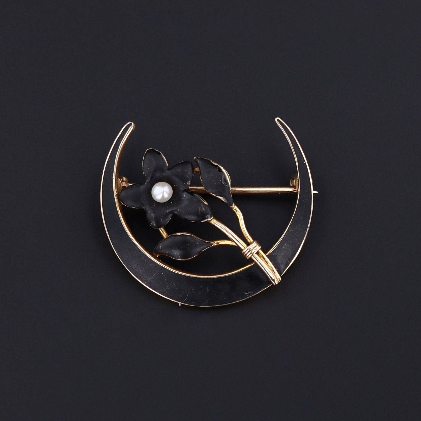 Antique Black Enamel Crescent Moon and Flower Brooch of 10k Gold - Trademark Antiques